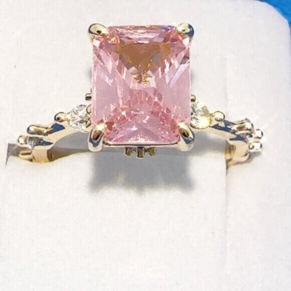 Princess Cut Pink CZ Ring – Gold Plated  Micro Inlay, Sizes 5 - Picture 1 of 5